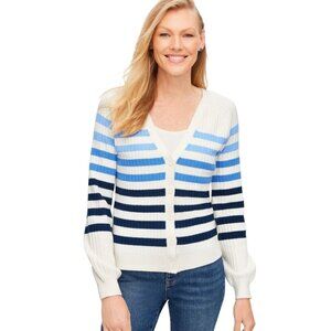 Talbots Blue White Breton Stripe Long Sleeve Button Front Cardigan